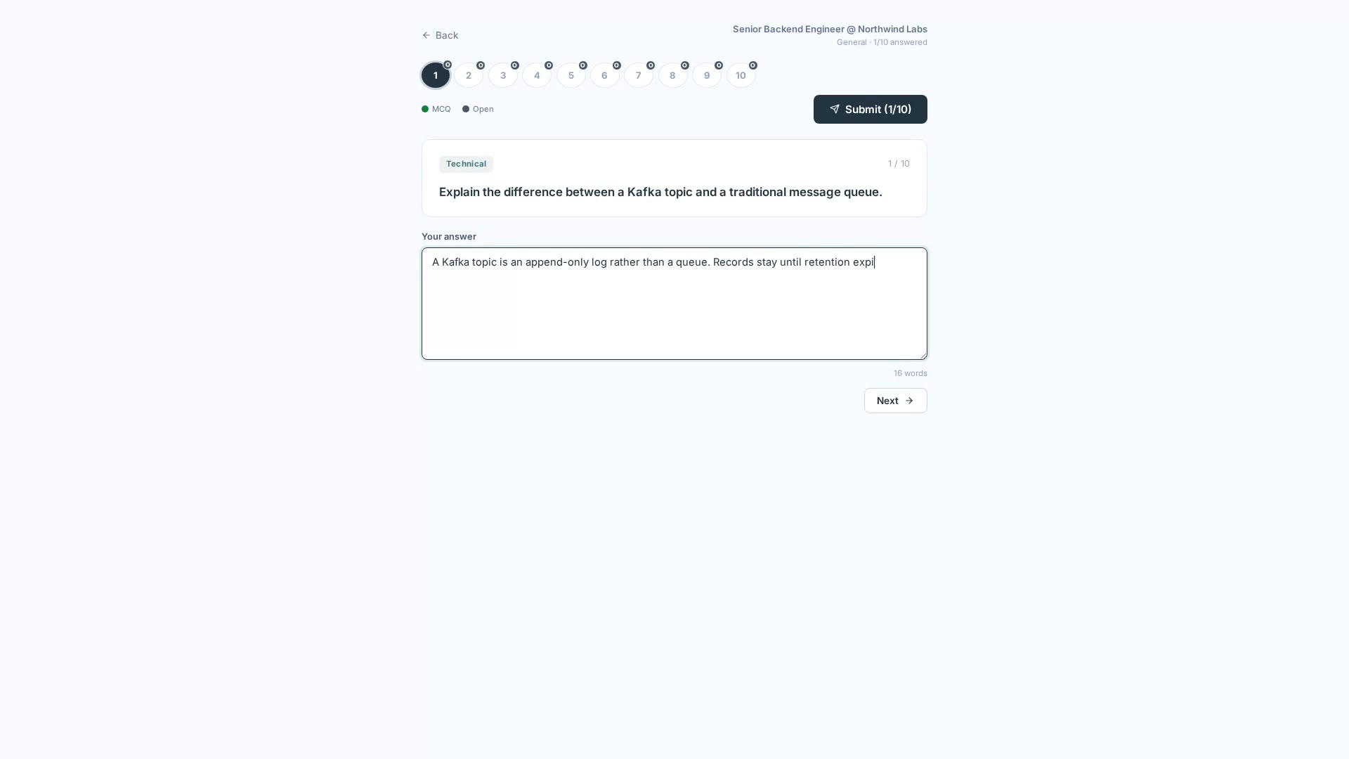 Skilize written mock interview interface showing question tracker, category badge, and answer input field